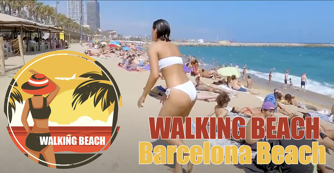 beautiful beach walk with sun - BARCELONA - WALKING BEACH 4K