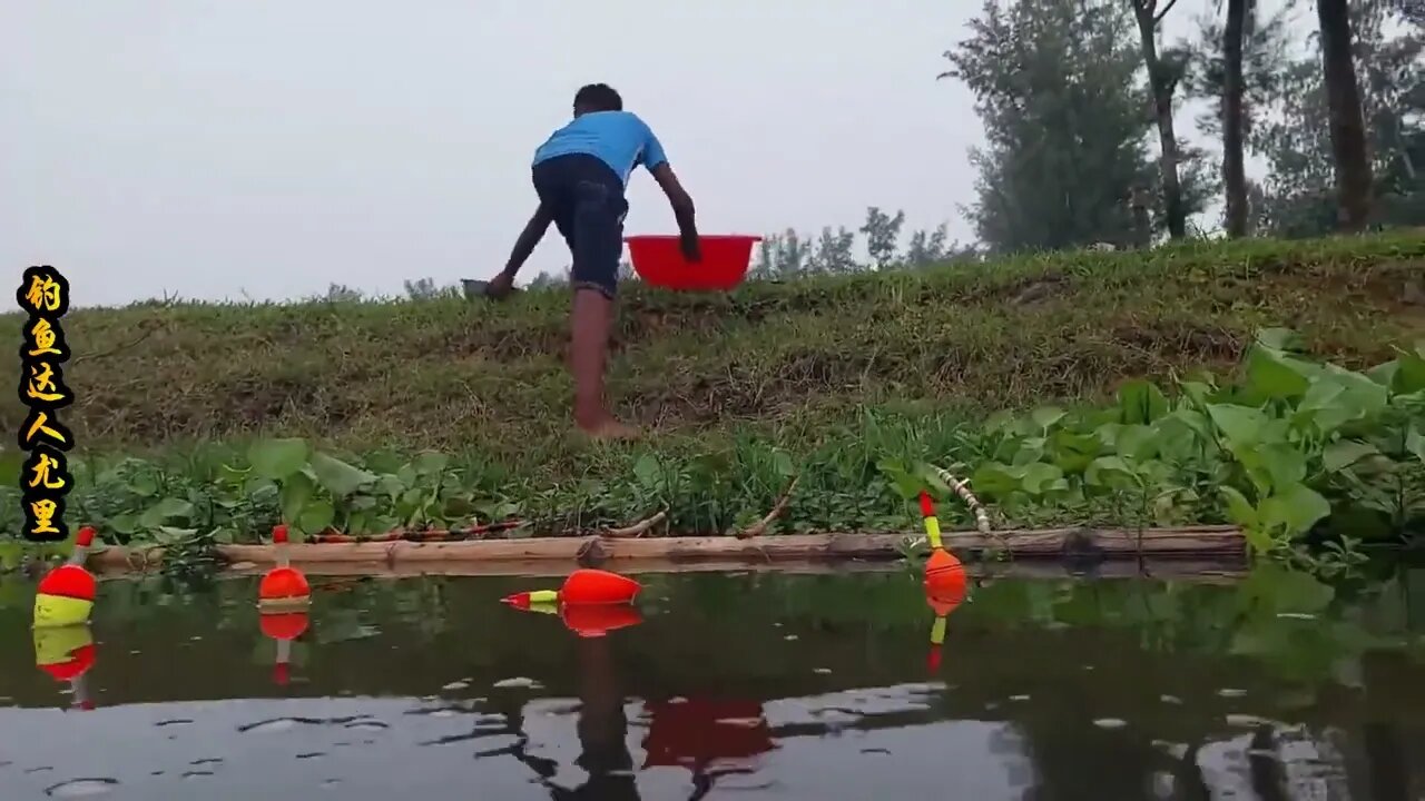 The little boy went fishing by the river and brought home big carp to improve his food +6