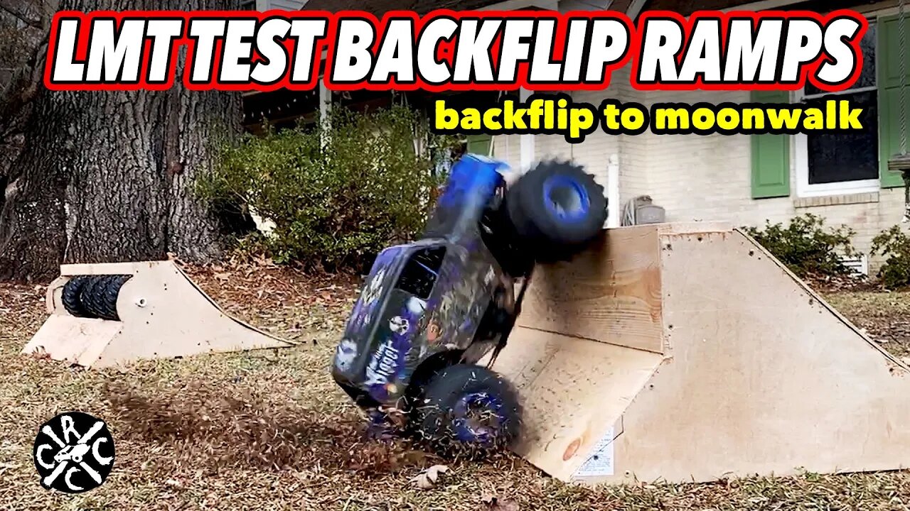 Losi LMT Testing New Backflip Ramps - First Few Hits To Get Used To It, Then Backflips To Moonwalks