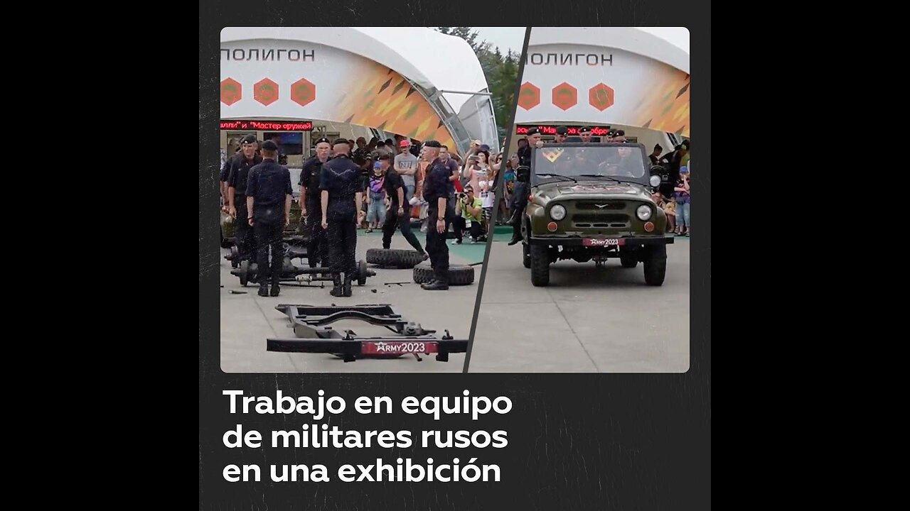 Exhibición de militares rusos montando un icónico coche de la marca UAZ
