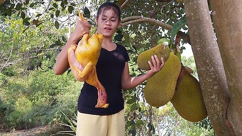Adventure in forest: Chicken and egg curry with jackfruit, Eating delicious - Survival cooking