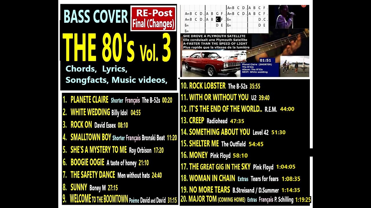 Bass cover THE 80's Vol. 3 __ Chords, lyrics, music videos, MORE
