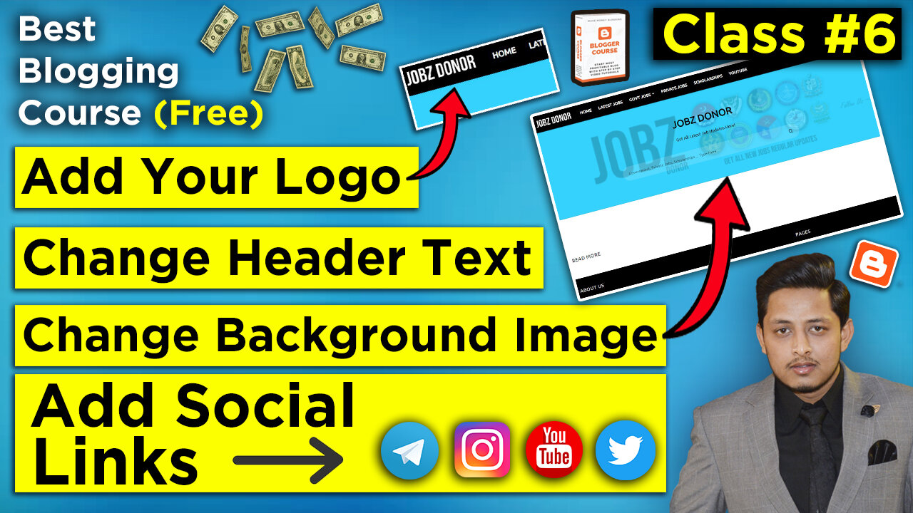 Add Your Logo, Add Your Social Links, Change Background Image, Change Header Text - Blogging Course