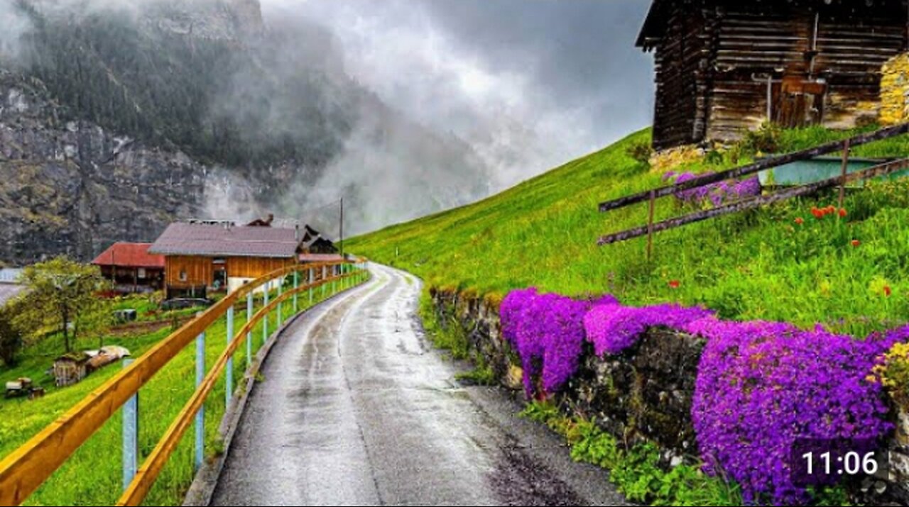 Beautiful Rain Walking tour in Gimmelwld A swiss village #