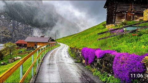 Beautiful Rain Walking tour in Gimmelwld A swiss village #