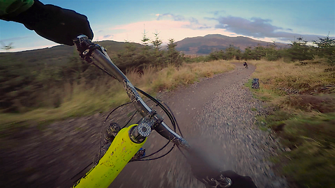 Mountain biker chases after trail dog