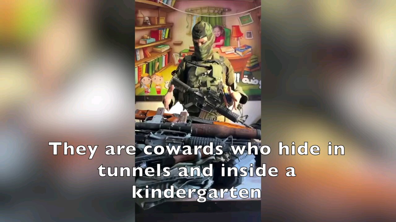 IDF soldier shows the weapons he found in a kindergarten in Gaza, explains in Arabic who Hamas is