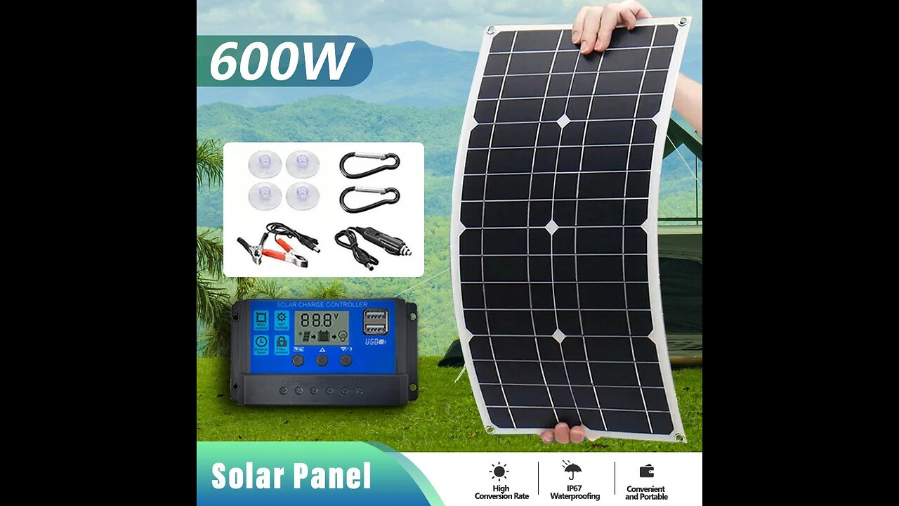 600W 18V Single Crystal Solar Panel Dual USB 12V/5V D