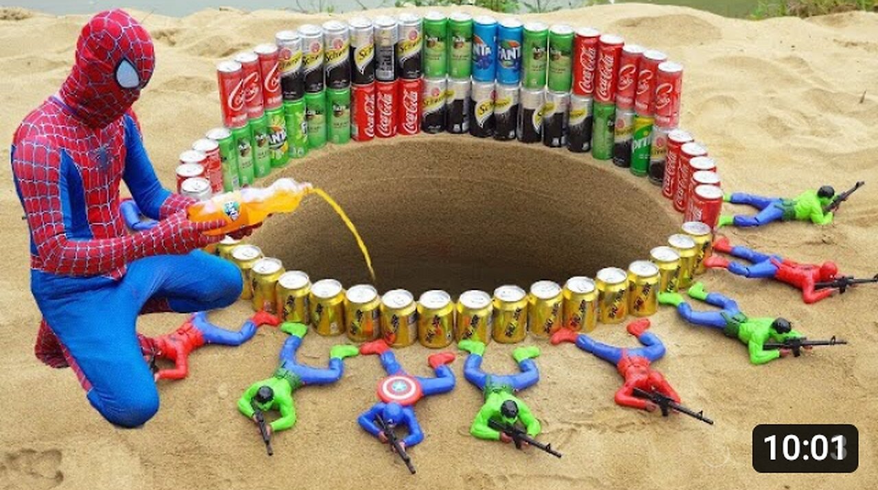 Experiment: Spiderman vs Fanta, Pepsi, Sprite, Mtn Dew, Sodas, Coca-Cola vs Mentos in Underground