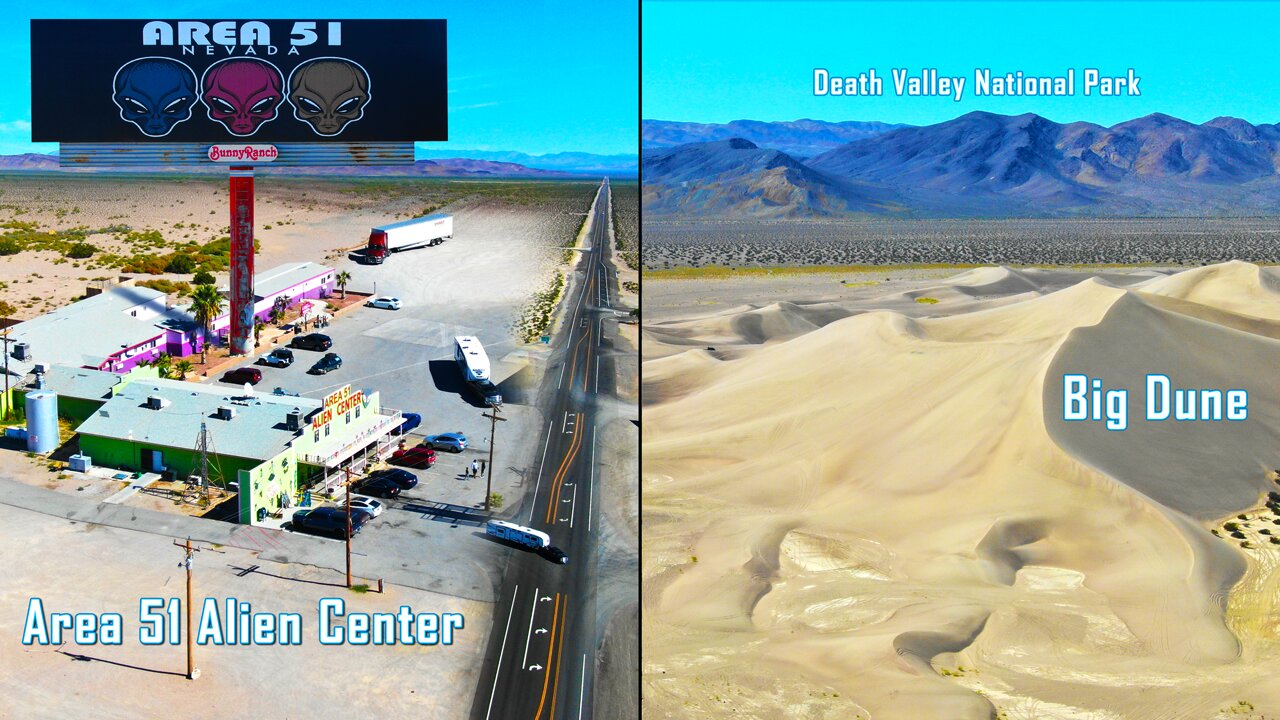 Flying Over the Area 51 Alien Center and Big Dune in Amargosa Valley, Nevada