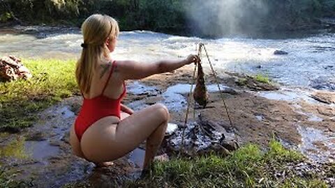 Relaxing by the waterfall and preparing a delicious lunch in the middle of nature