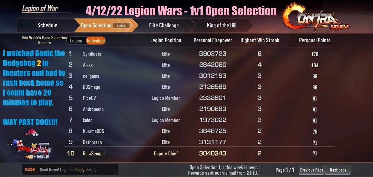 Contra Returns: 4/12/22 Legion Wars - 1v1 Open Selection