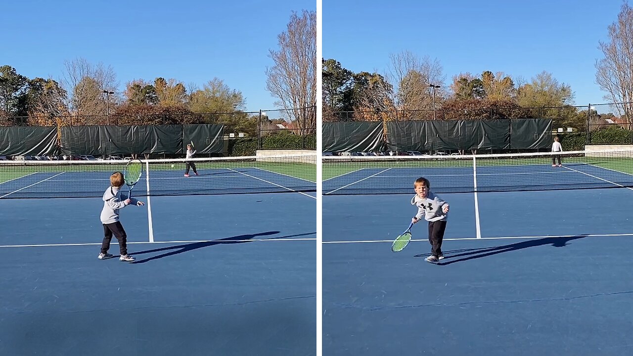 Little brother shows big brother who's the better tennis player