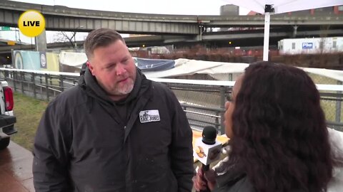 Mercedes Wilson talks with the artist and sculptor of the Damar Hamlin snow sculpture