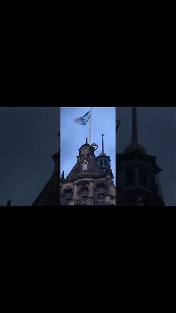 A MAN IN THE NORTH OF UK TAKES DOWN A ISRAELI FLAG AND REPLACES IT WITH THE PALESTINIAN FLAG
