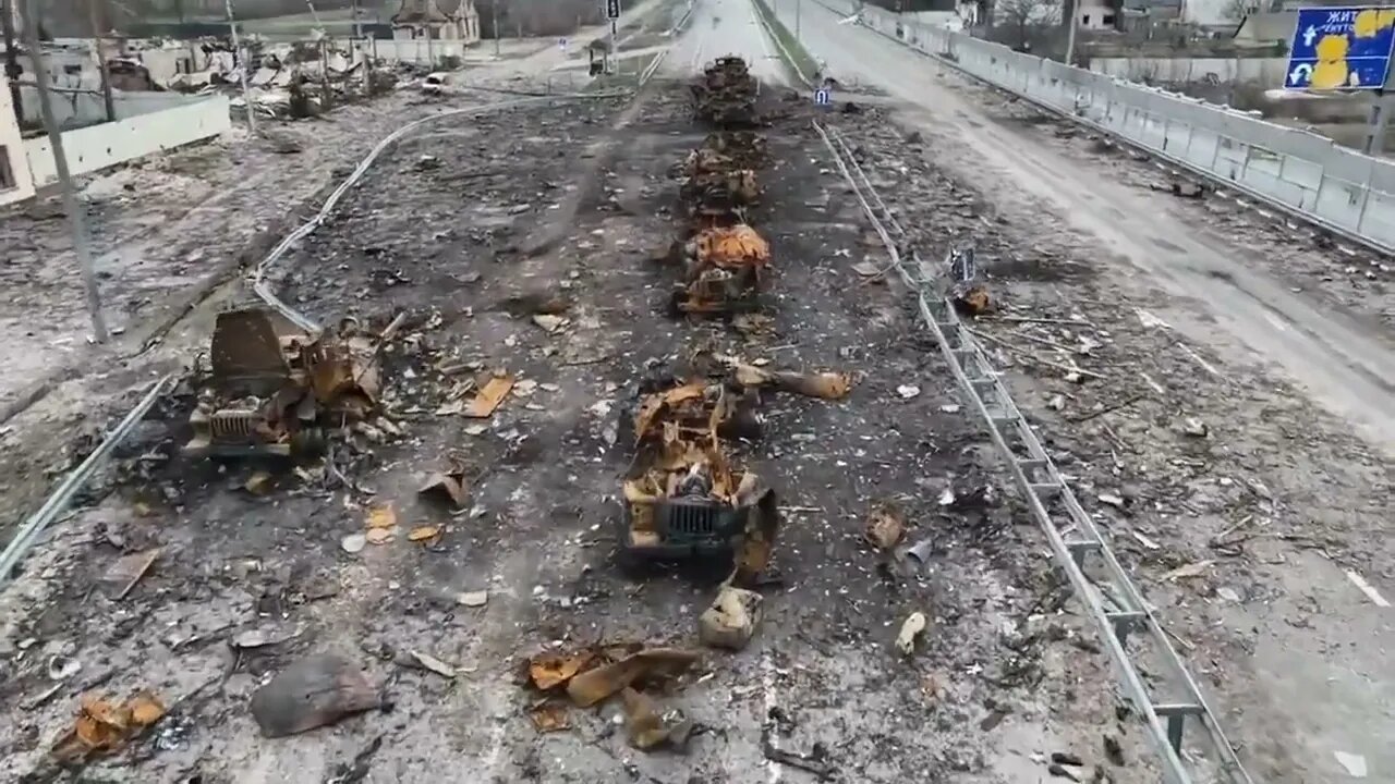 AERIAL VIEW OF THE RUSSIAN COLUMN COMPLETELY OBLITERATED ON THE HIGHWAY WEST OF KYIV CITY!