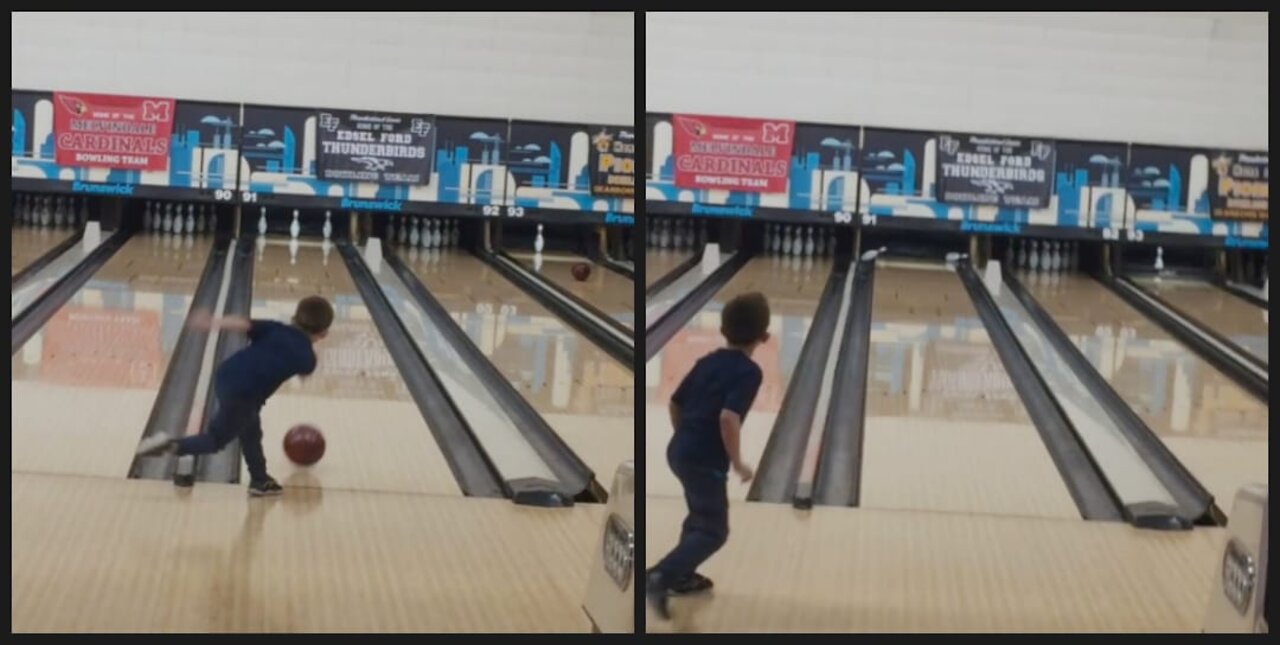 Little Boy Plays Bowling and Strikes Three Separate Pins in One Shot.