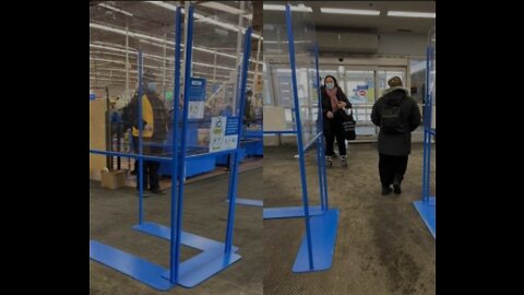 Walmart In Quebec, Canada Show Plexiglass V-Passport Scanner Booths Set Up To Screen Customers