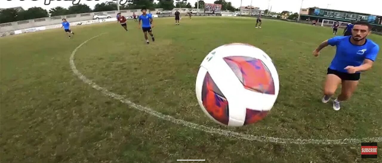 Professional football player team game, training eye view