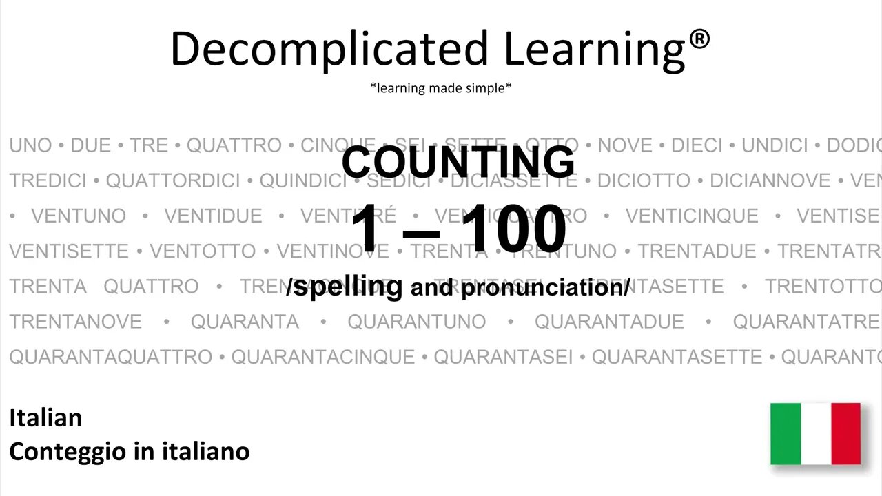 COUNTING IN ITALIAN NUMBERS 1 - 100 with spelling