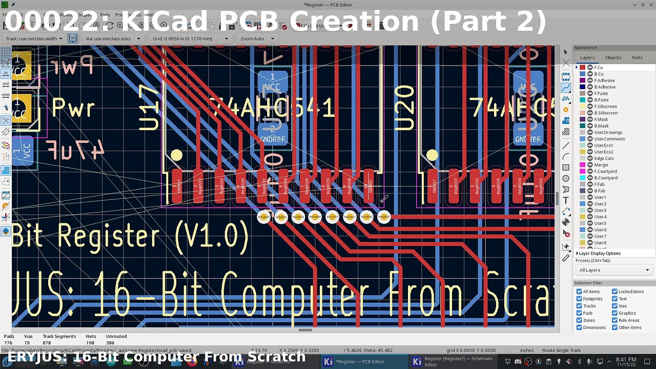 0022: KiCad Register PCB Layout (Part II) | 16-Bit Computer From Scratch