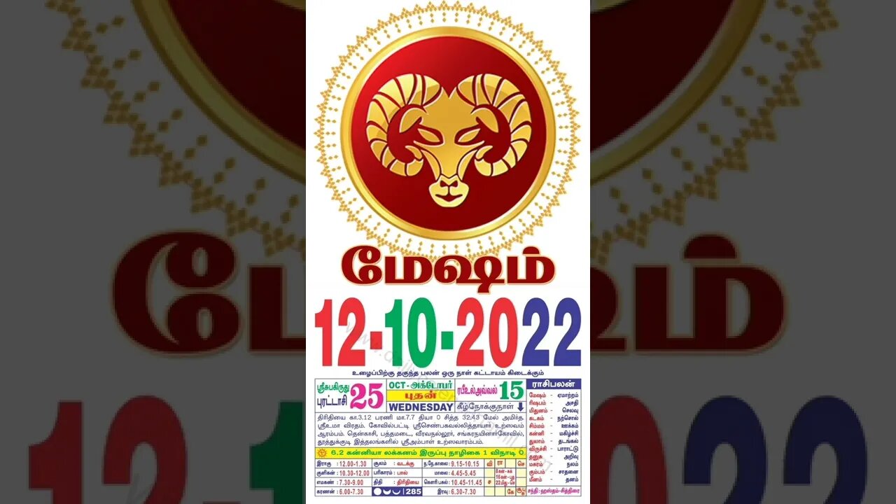 மேஷம் || இன்றைய ராசிபலன் || 12|10|2022 புதன்கிழமை