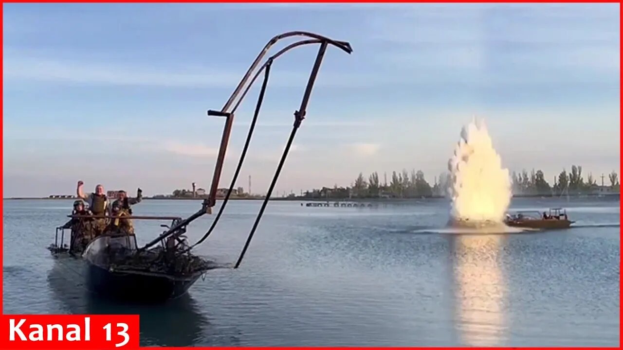 Russian soldiers detonate mines in the Dnieper River using improvised trawls