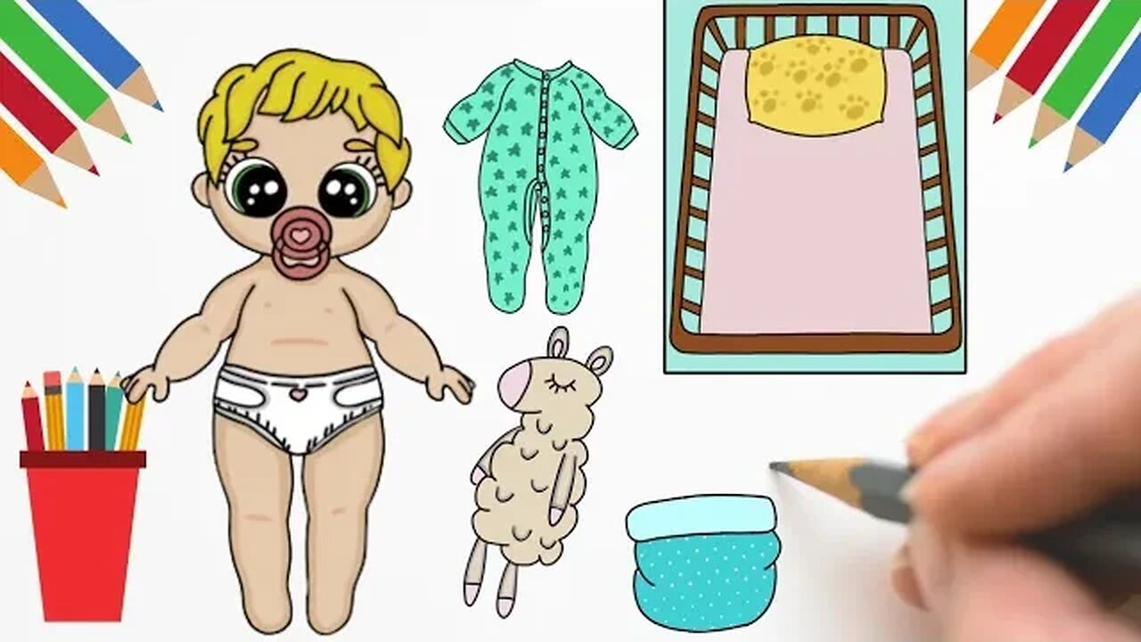 COMO DESENHAR BEBÊ DE PAPEL + BERÇO+ COBERTOR+ PELÚCIA DE OVELHA+ PIJAMA #bonecadepapel #paperdolls