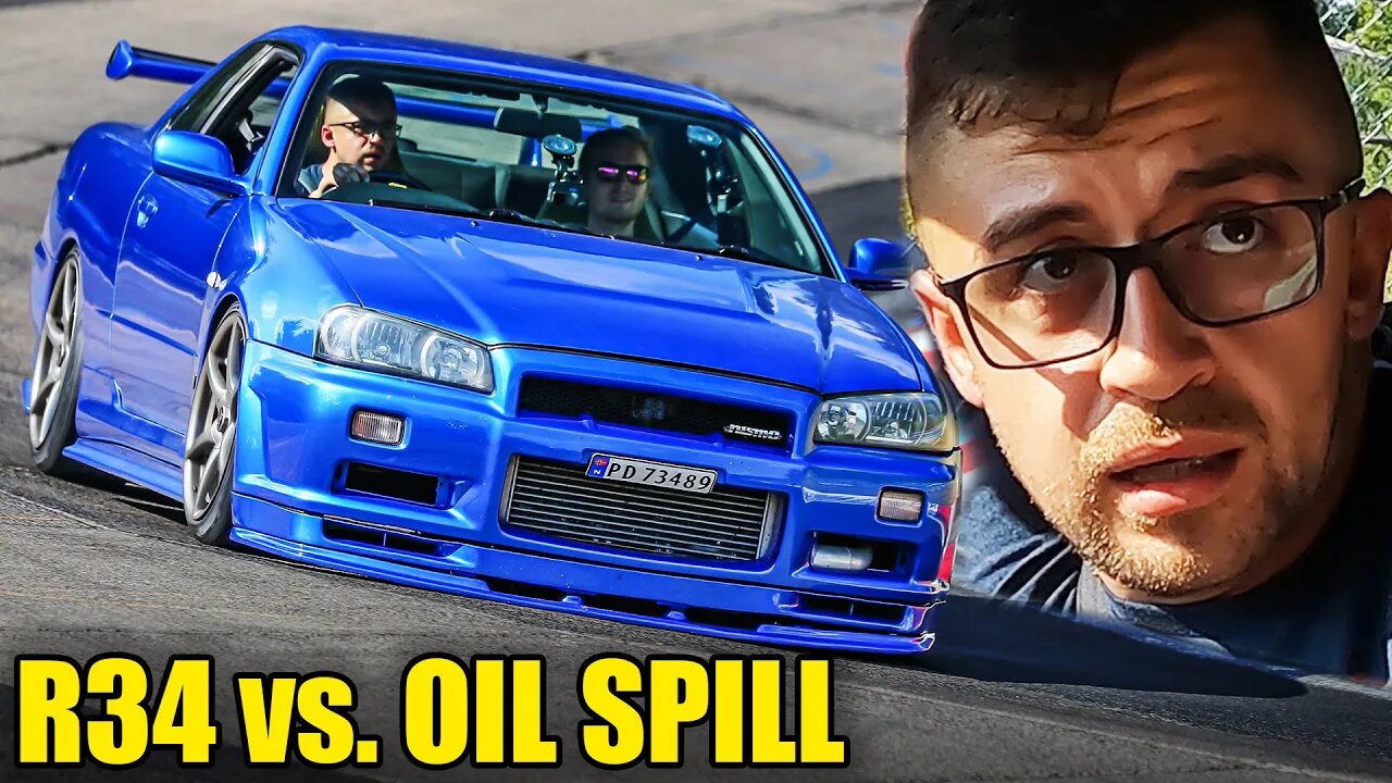 CLOSE CALL! Nissan Skyline R34 vs Longest Oil Spill // Nürburgring