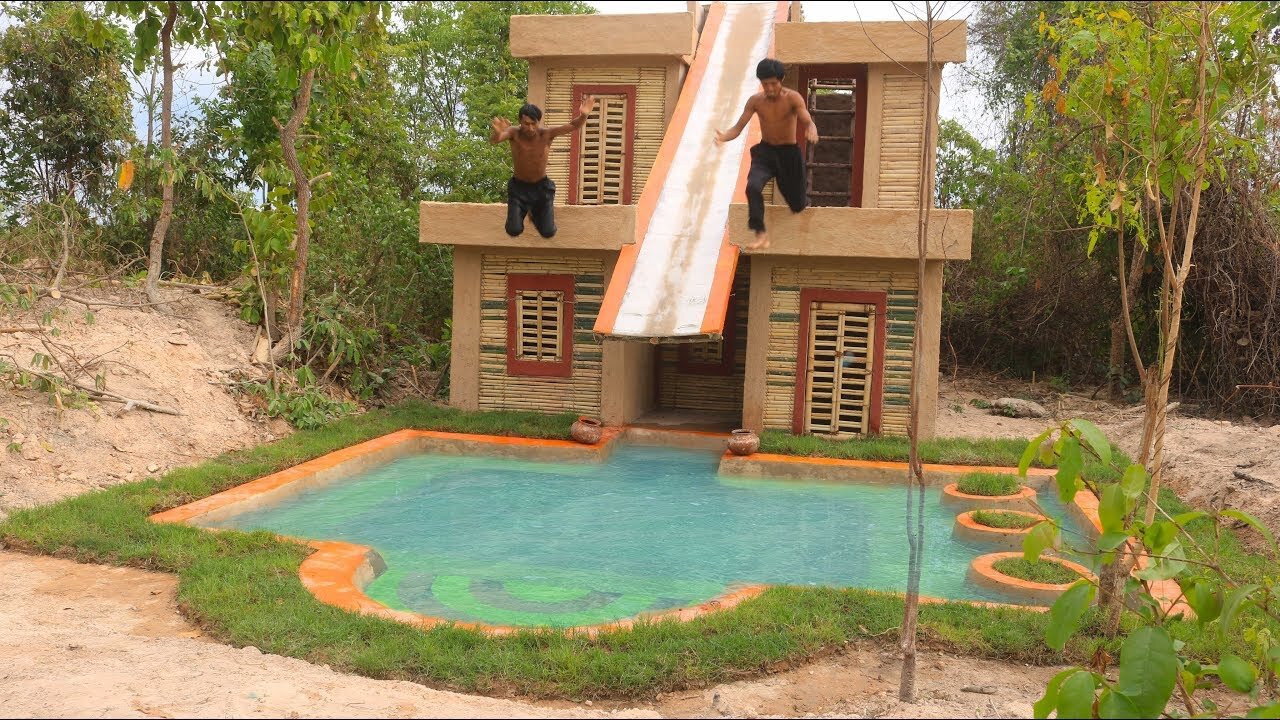 Build Water Slide To Swimming Pool On Three Story Villa House