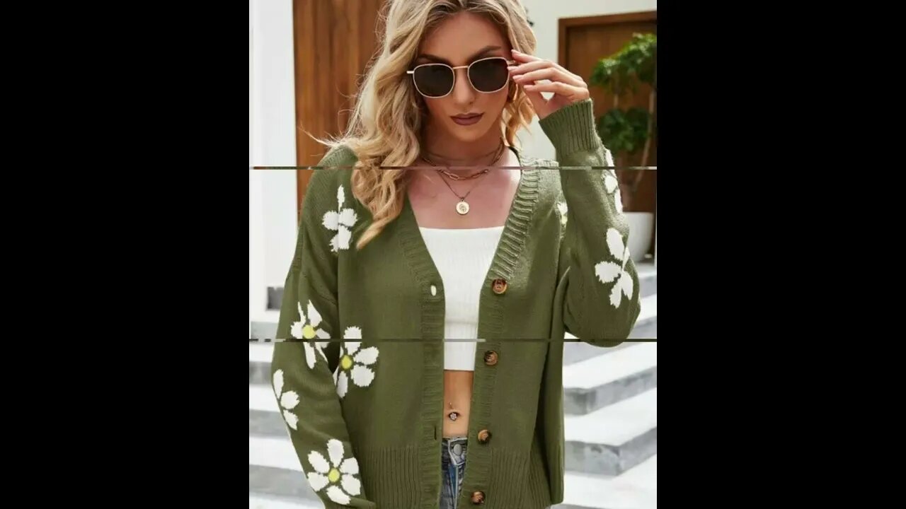 Floral Ribbed Trim Drop Shoulder Cardigan