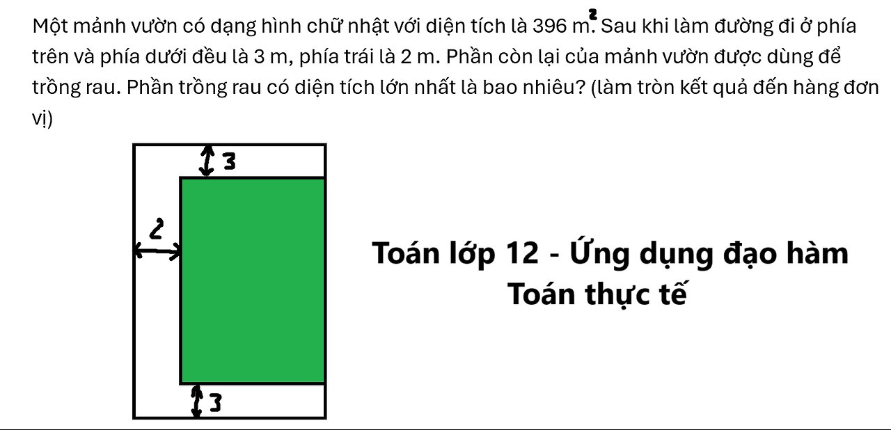 Một mảnh vườn có dạng hình chữ nhật với diện tích là 396 m^2. Sau khi làm đường đi