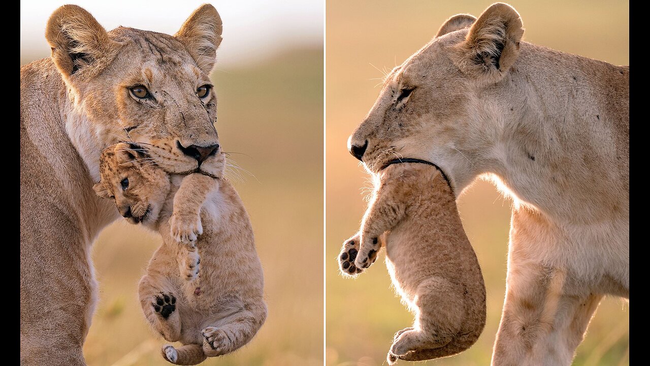 Lioness Holds a beautiful cub in her mouth 😲 mother's love 🤩