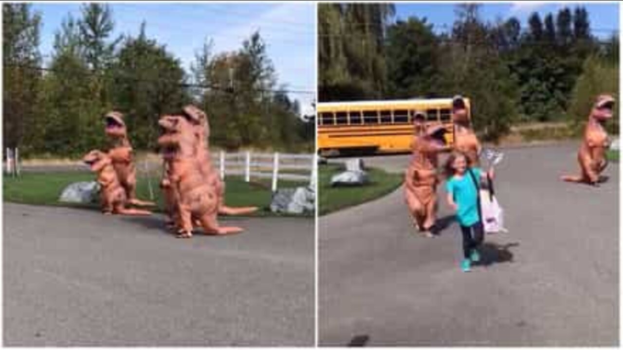 Família de ‘T-Rex’ recepciona menina ao voltar da escola