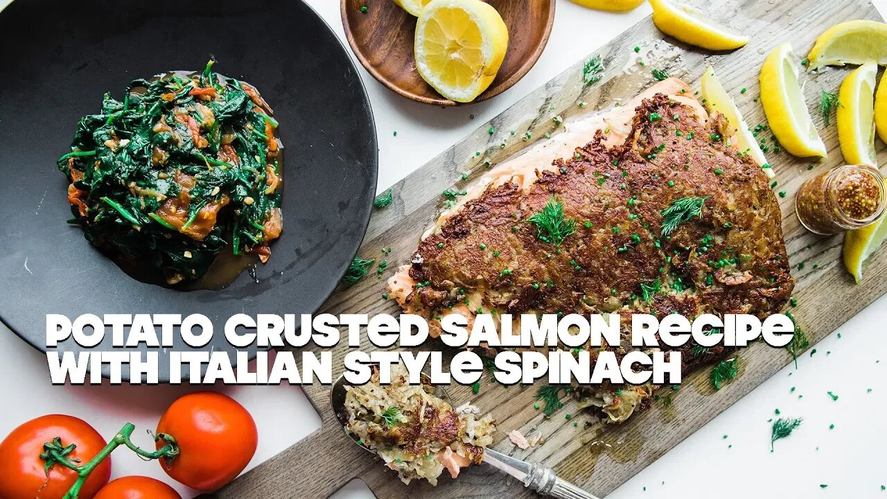 Shredded Hash Browns Crusted Salmon with Sautéed Spinach Recipe