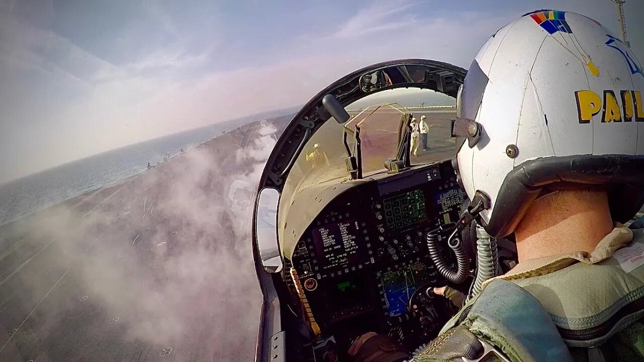 Busy Deck EA-18G Growler Catapult Shot Cockpit View. MAX Power!