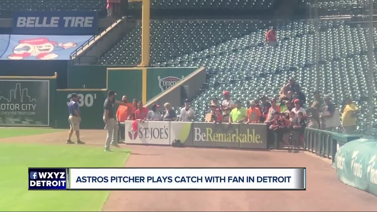 Astros pitcher Lance McCullers plays catch with fan in Detroit