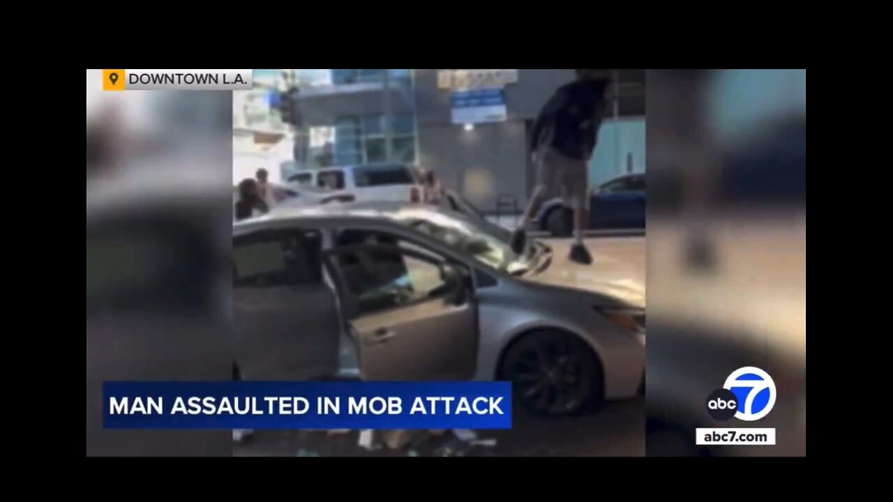 Mob of 40 felons teens on bikes beat, rob, and destroy the car of a man In LA