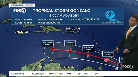Tropical Storm Gonzalo is forecast to dissipate