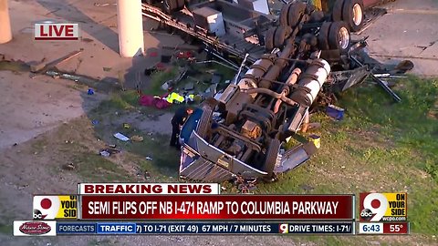 Semi rolls off overpass onto Mt. Adams street