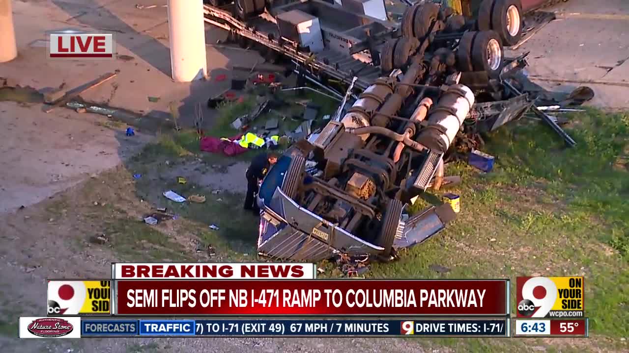 Semi rolls off overpass onto Mt. Adams street