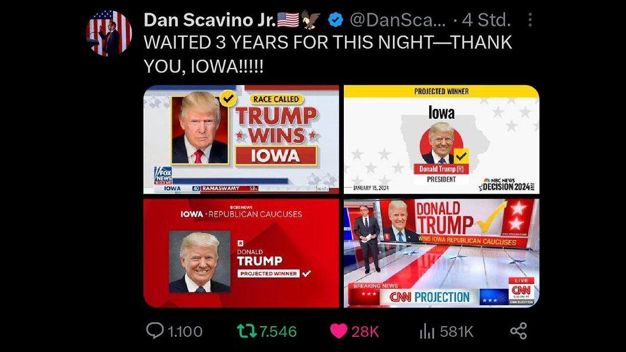 Trump speaks after his great victory in Iowa 👏🏽👍🏽