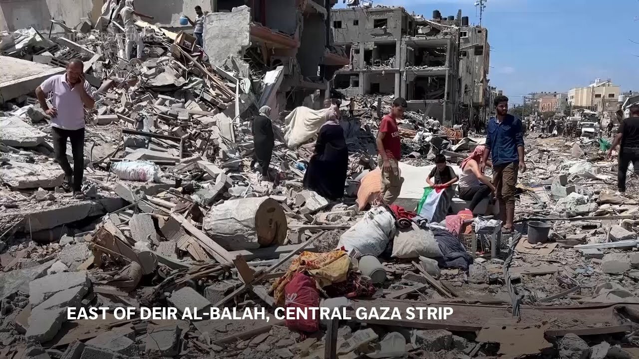 Residents find devastation as they return to their homes and shelters east of Deir al-Balah in Gaza