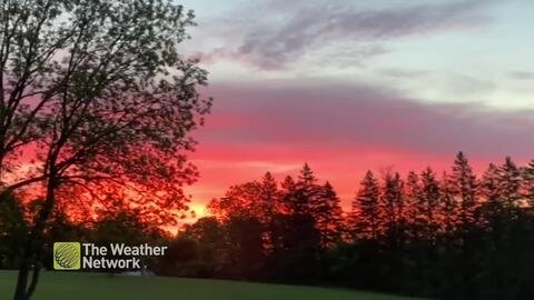 Bold reds colour the sky in brilliant sunrise