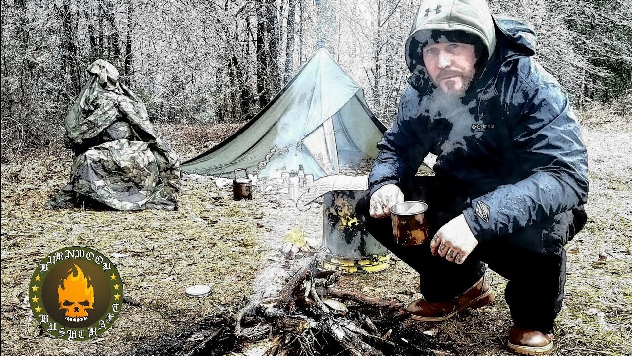 Camping In Sleet and Freezing Rain - Tarp Tent and Bacon