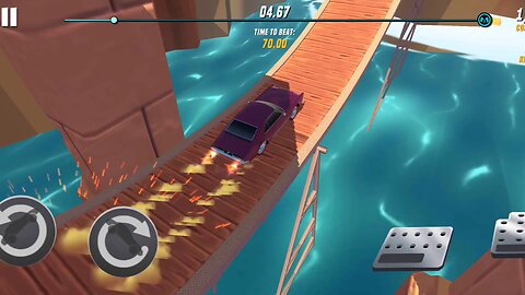 Race car running over the wooden bridge to survive the fall