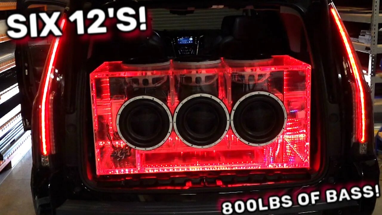 800lbs of BASS! Six 12's clear acrylic ported box loaded into the Caddy. First fire up!