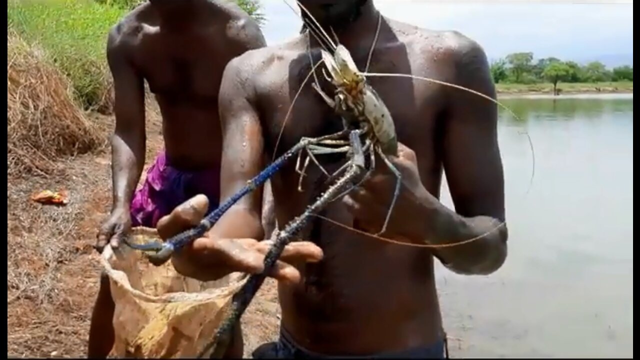 Young man catching fish by net. WOW!