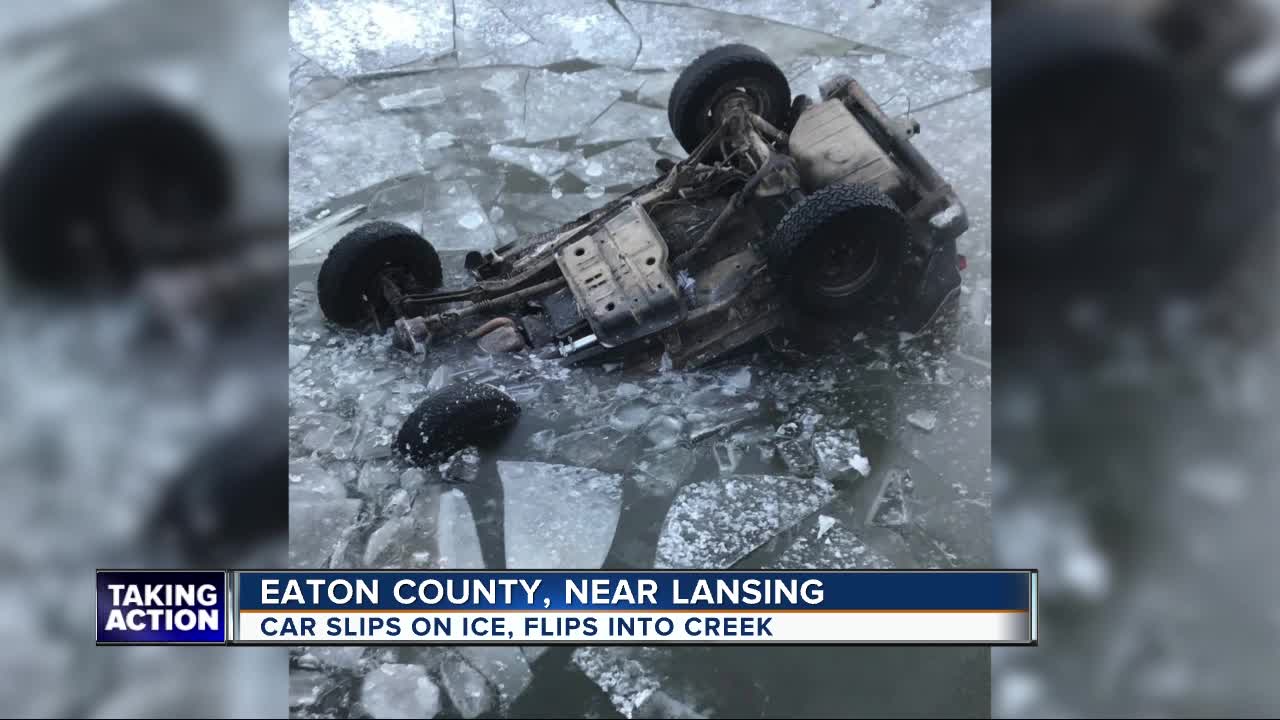 Vehicle rolls over into icy creek after crash in Walton Township