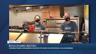 Boulevard Bistro in Belcamp says "We're Open Baltimore!"